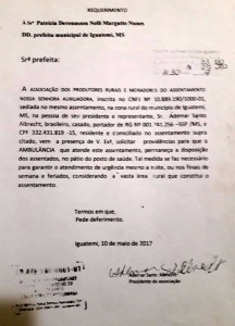 Ofício solicitando que a Ambulância permanecesse no pátio do posto de saúde do Assentamento.